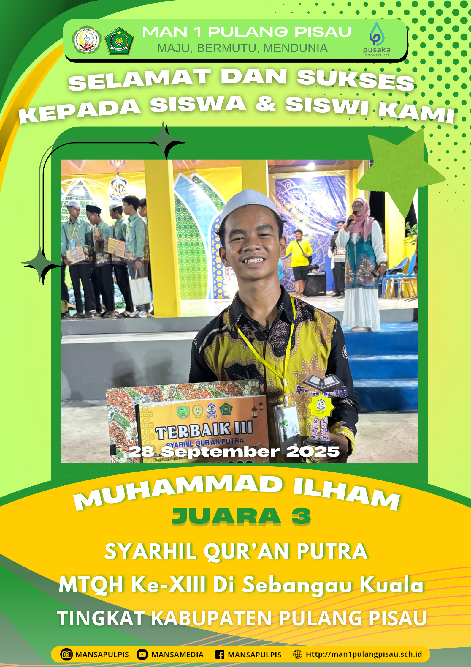 SISWA MAN 1 PULANG PISAU PLUS KETERAMPILAN MERAIH JUARA 3 DALAM MTQH KE-XIII TINGKAT KABUPATEN PULANG PISAU TAHUN 2025